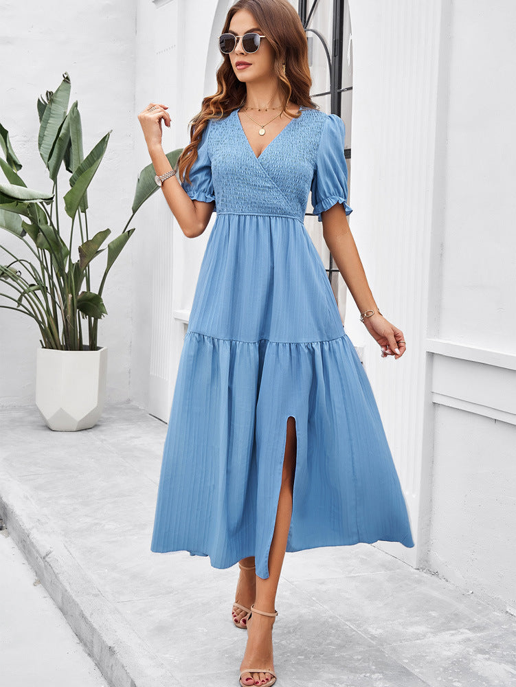 Blue V-Neck Short Sleeved Long Dress