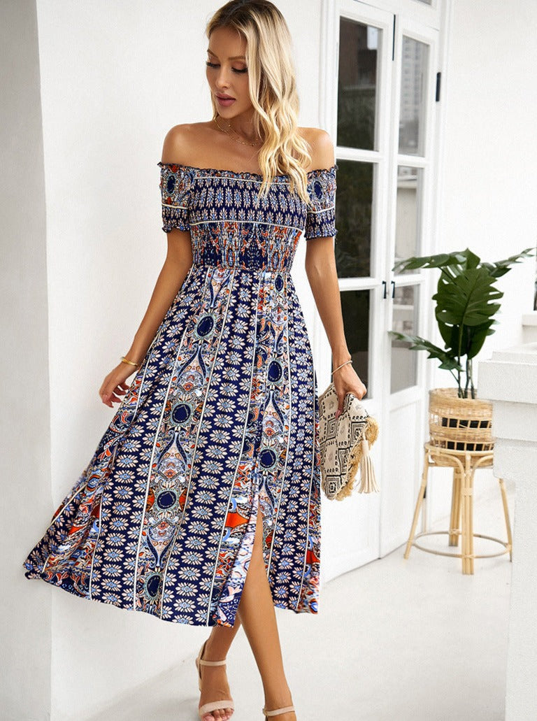 Blue Off Shoulder Bohemian Printed Dress