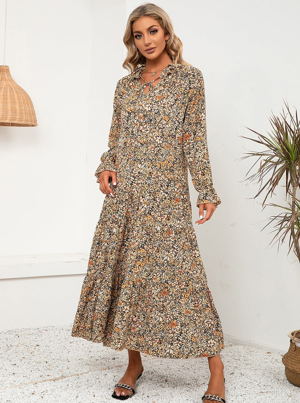 Floral V-Neck Ruffle Long Sleeve Loose Dress