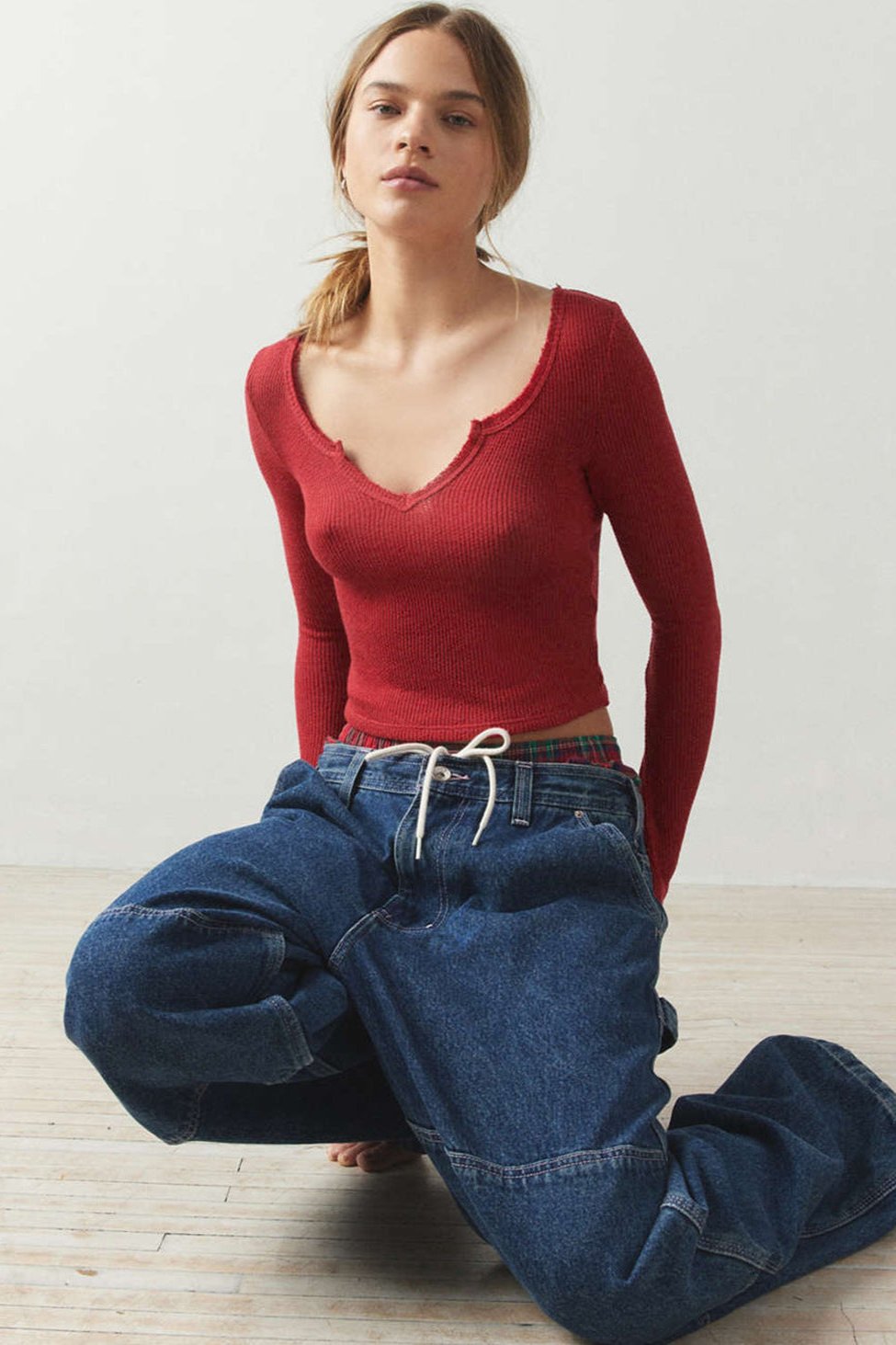 Red Ribbed V-Neck Long Sleeve Knitted Sweater Blouse