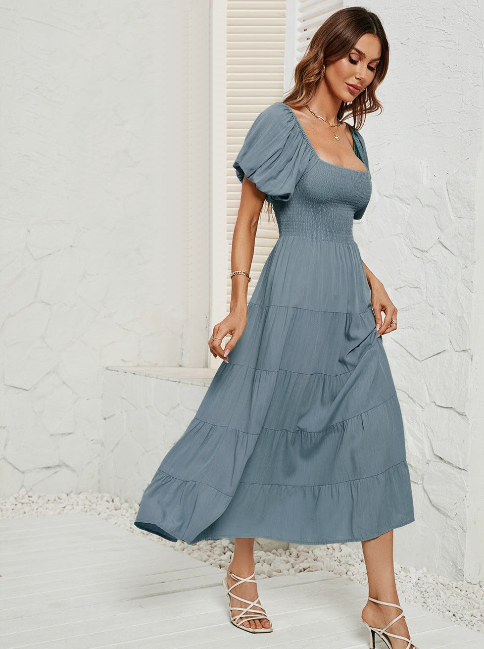 Gray and Blue High Waist Bubble Sleeve Square Neck Maxi Dress