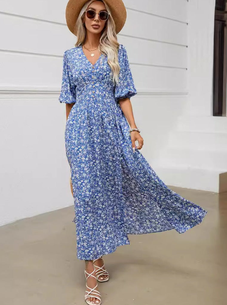 Blue Bohemian V-Neck Lantern Sleeve Waist Dress