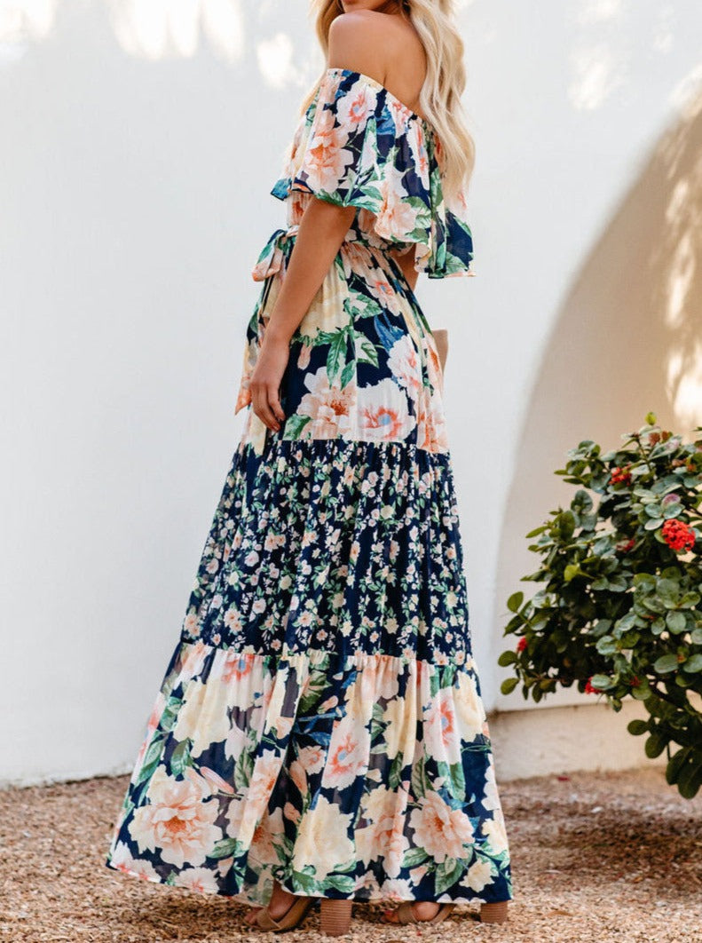 Navy Blue Floral Retro Printed Off Shoulder Maxi Dress