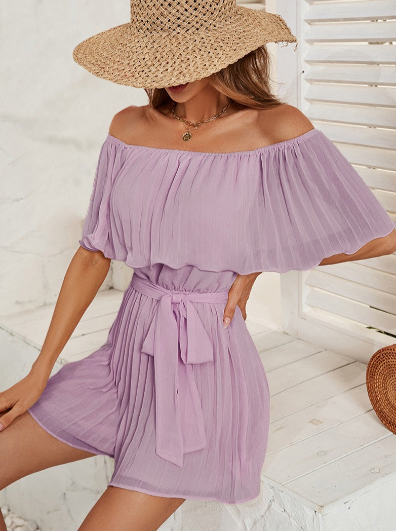 Purple Off-Shoulder Pleated Collar Jumpsuit