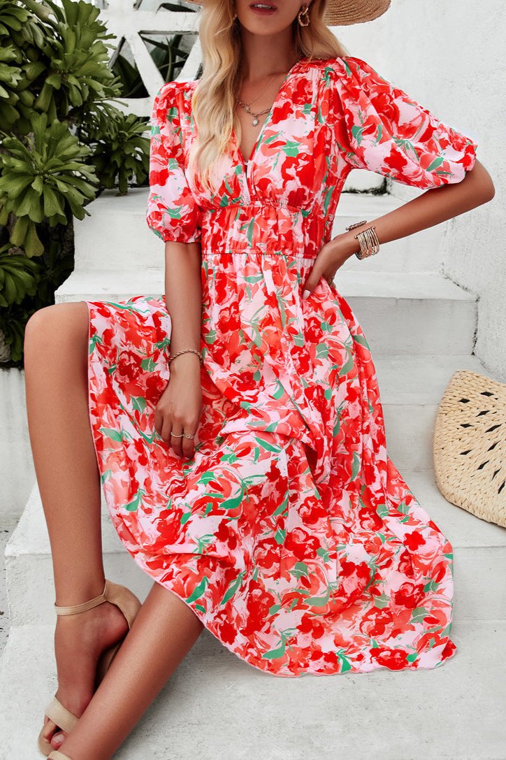 Casual Floral V-Neck Puff Sleeve Midi Dress