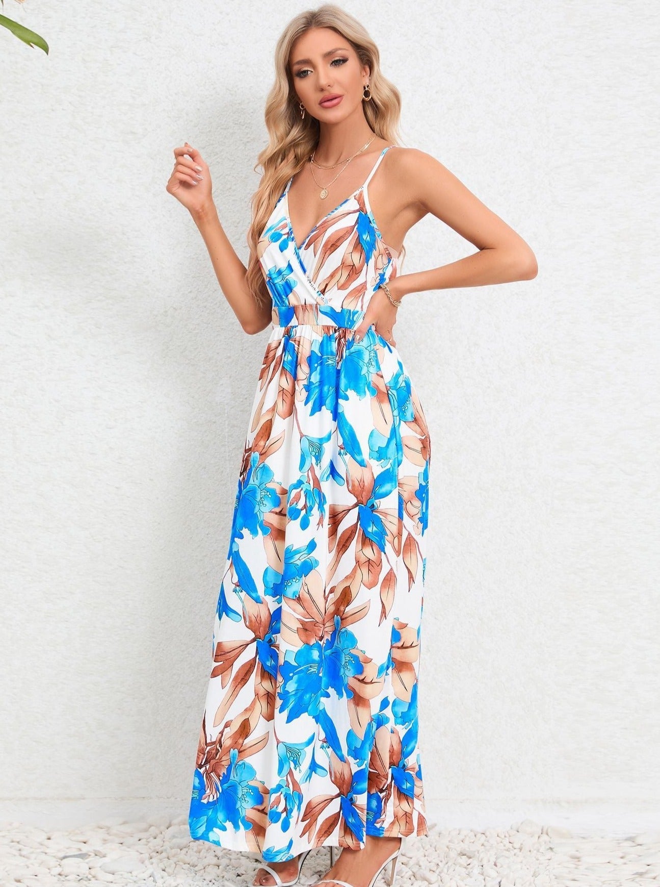 Light Blue Tropical Printed Long Dress