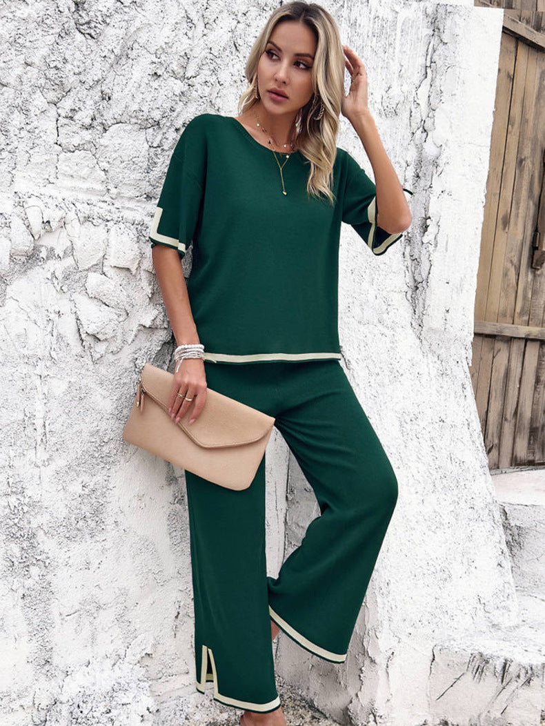 Green Casual Short Sleeved Knitted Shirt and Pants