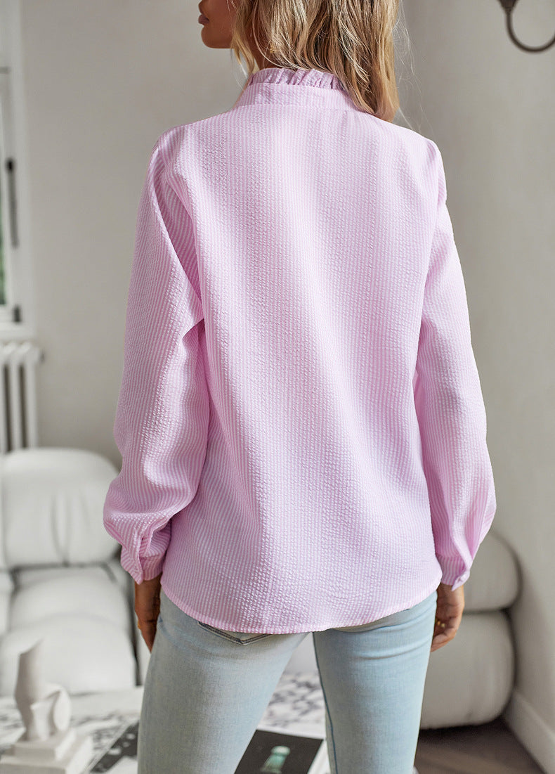 Pink Lace Collared Long Sleeve Shirt