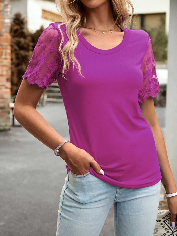 Rose Red Round Neck Lace Sleeve T-Shirt