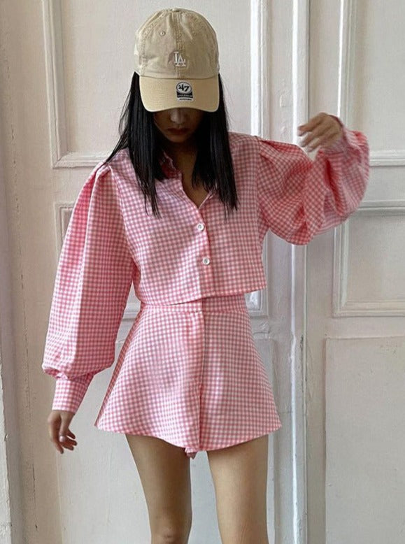 Two Piece Long-Sleeve Plaid Crop Shirt High Waist Mini A-Line Shorts Set