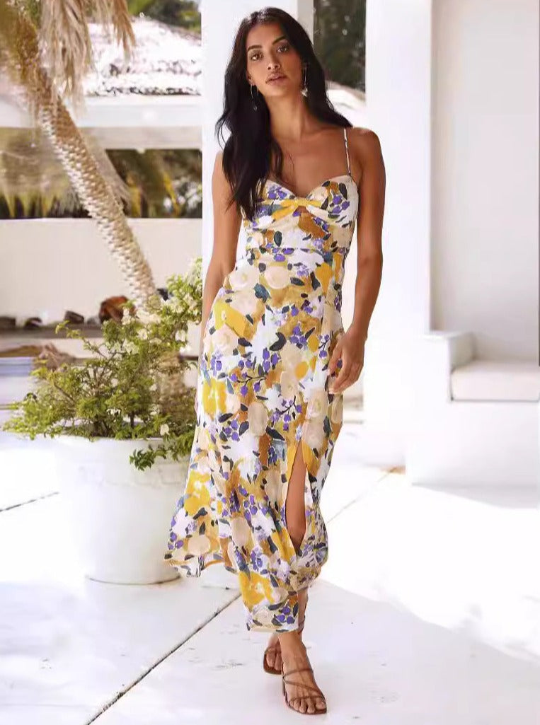 Summer Slim Split Sexy Floral Chiffon Vintage Midi Dress