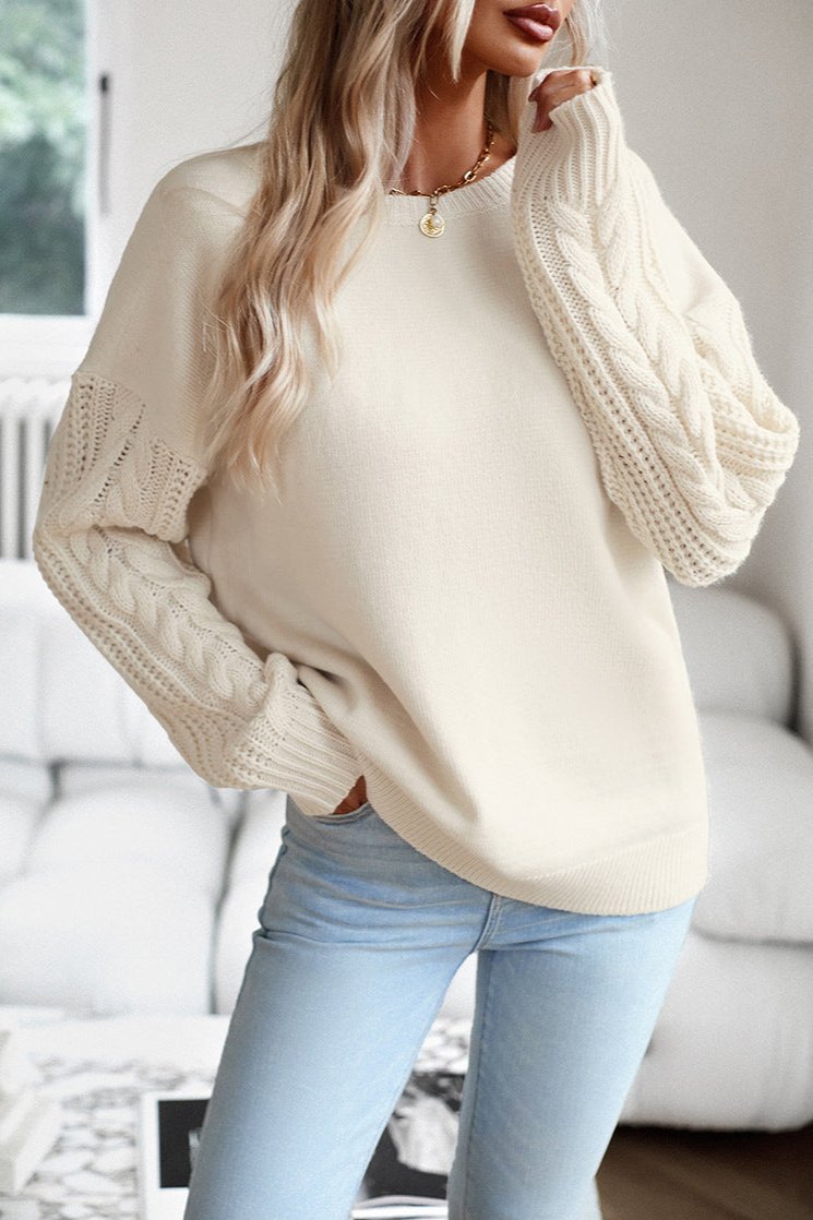 Beige Round Neck Long Sleeve Sweater