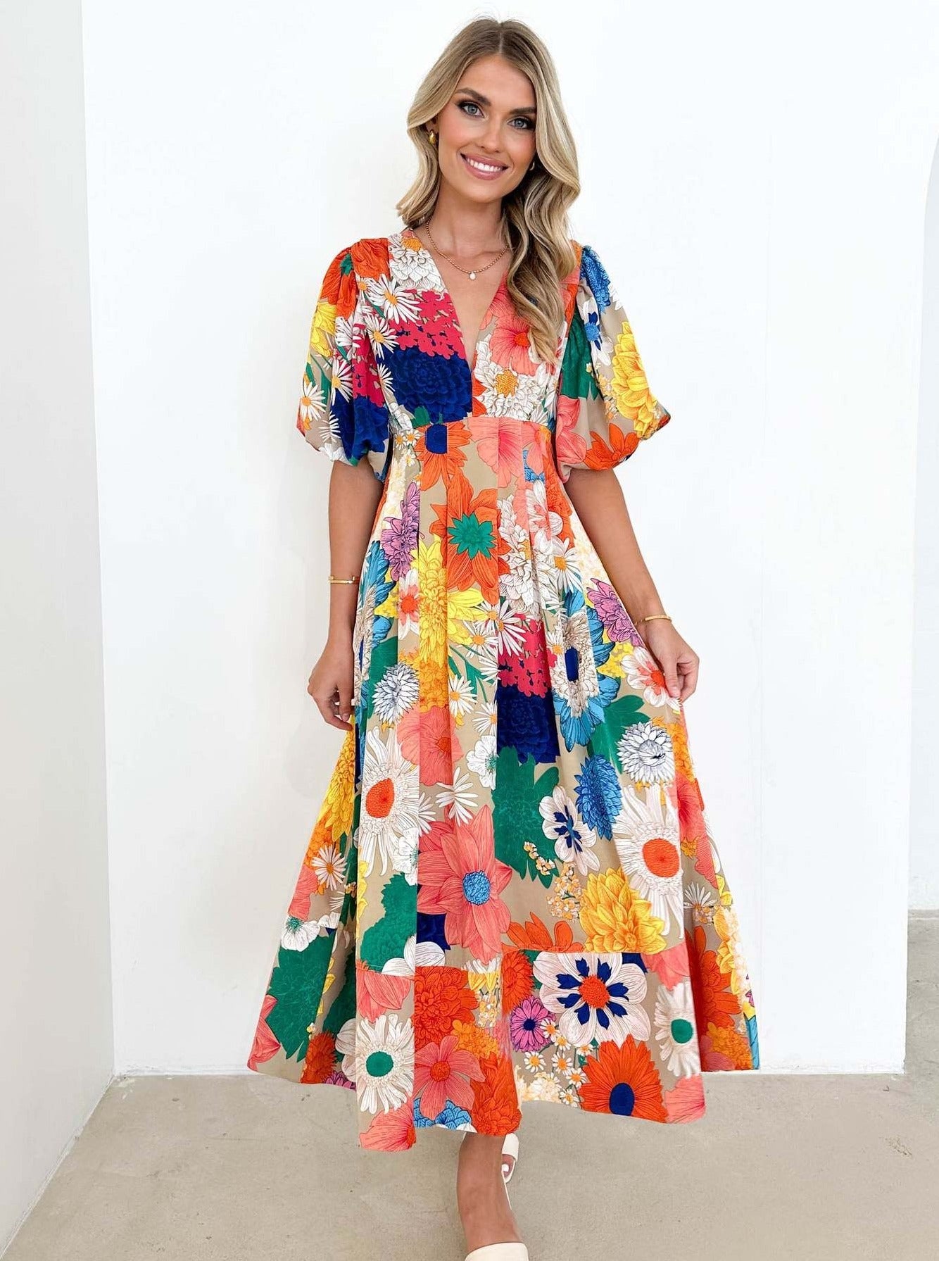 Casual Floral Bubble Sleeve Temperament Midi Dress