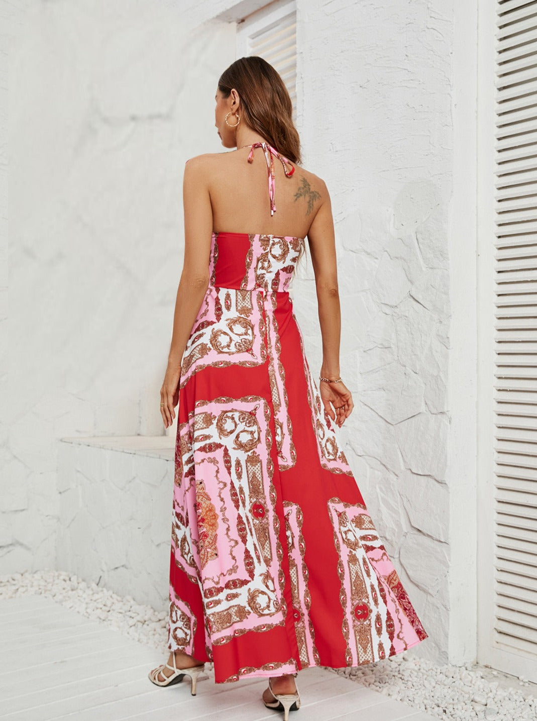 Red Printed Halter Neck Sexy Long Dress