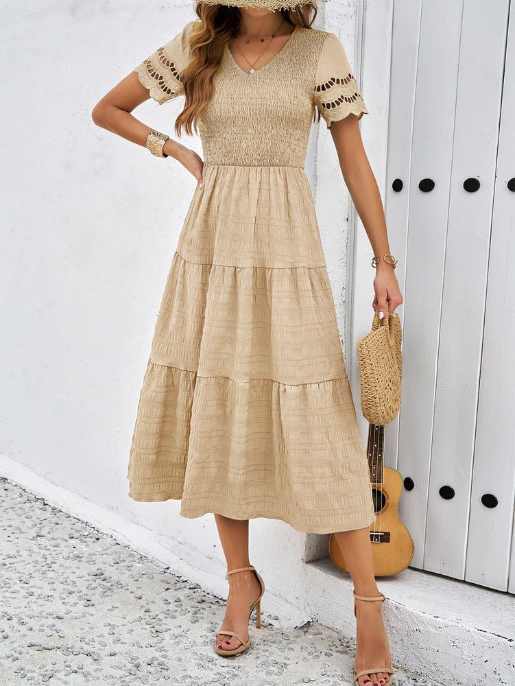 Khaki Women's Lace Casual Mesh Midi Dress