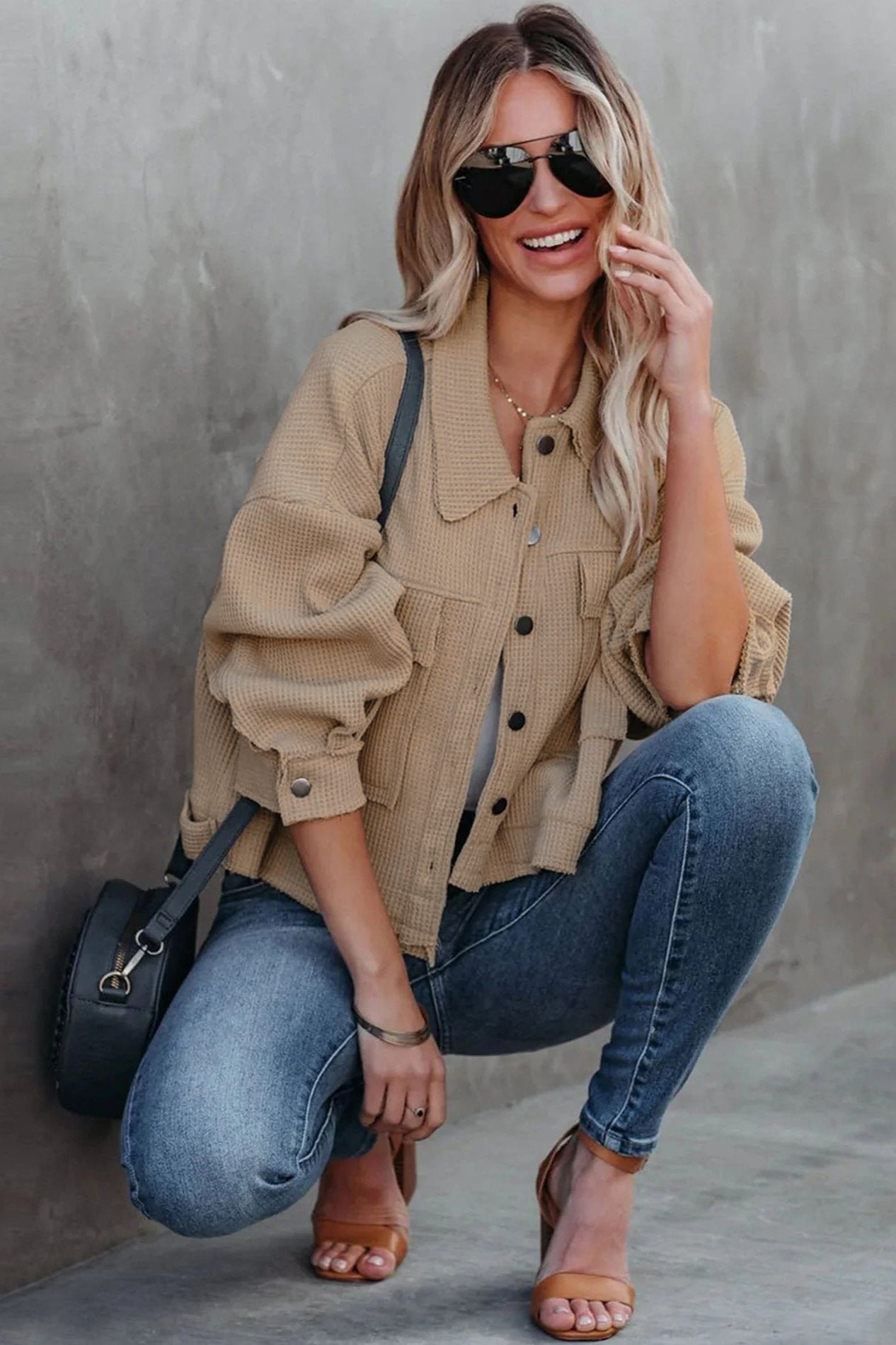 Khaki Long Sleeve Solid Color Collared Jacket