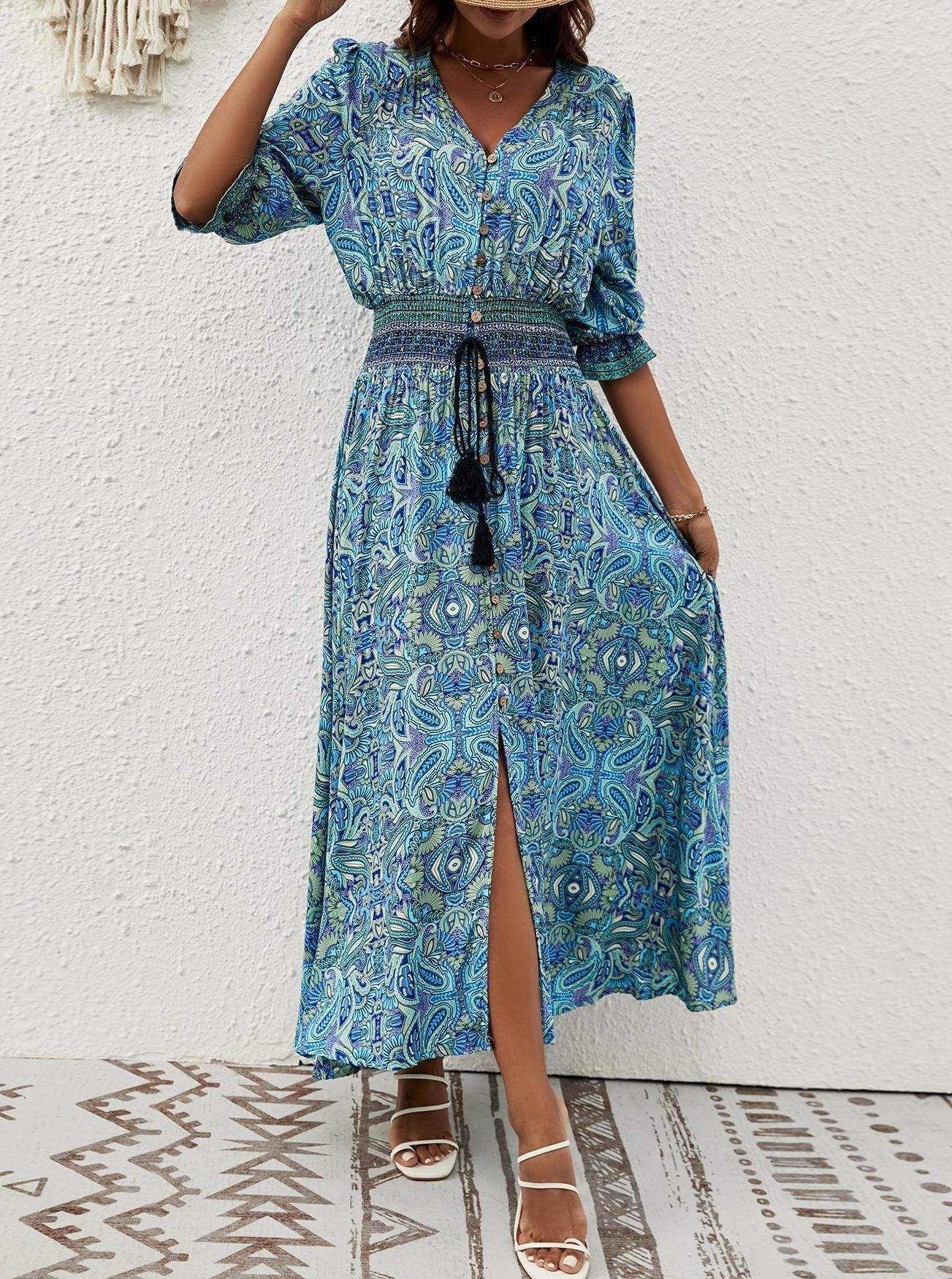 Vintage Boho Printed Half Sleeve Midi Dress