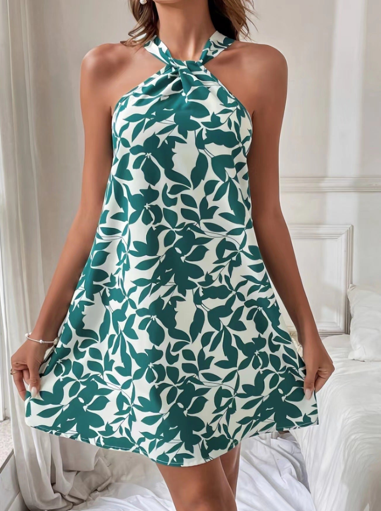 Tropical Print Halter Neck Sexy Dress