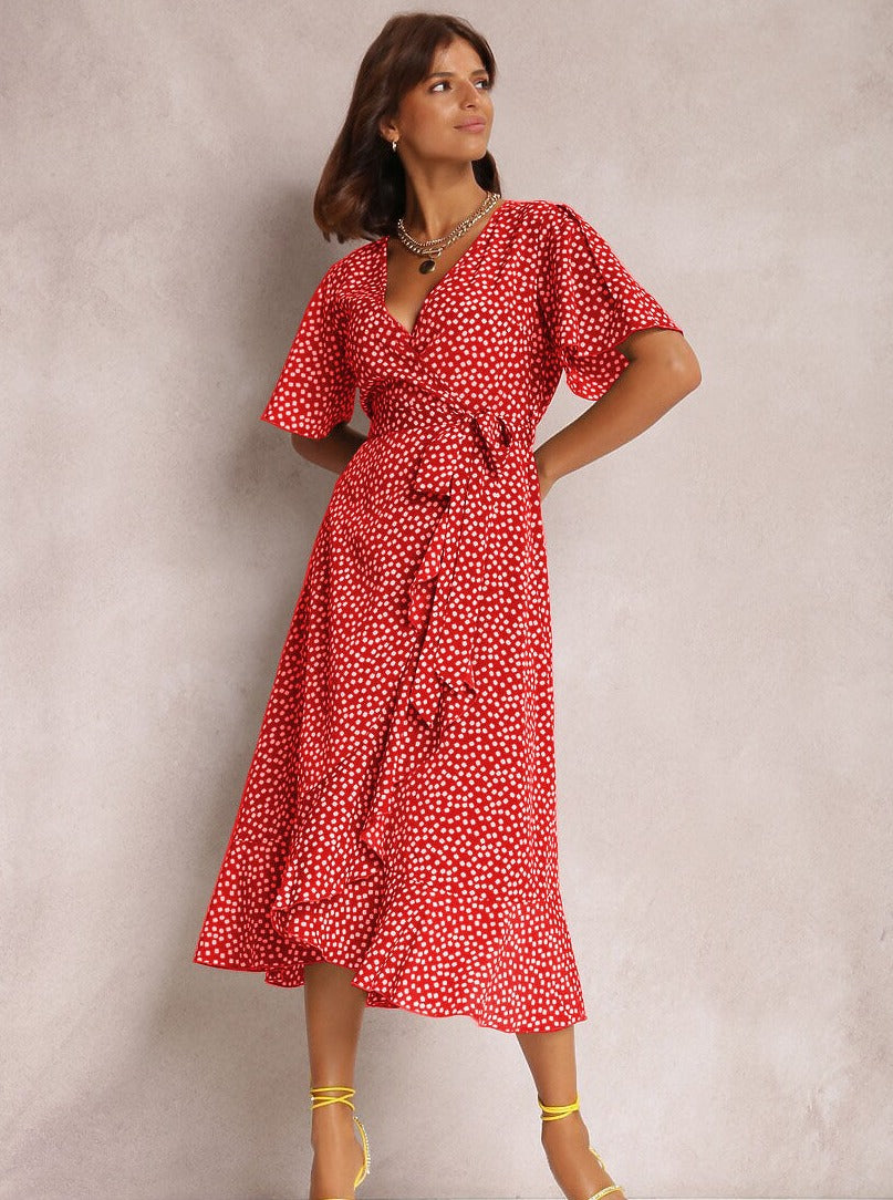 V-Neck Allover Print Tie Waist Dress