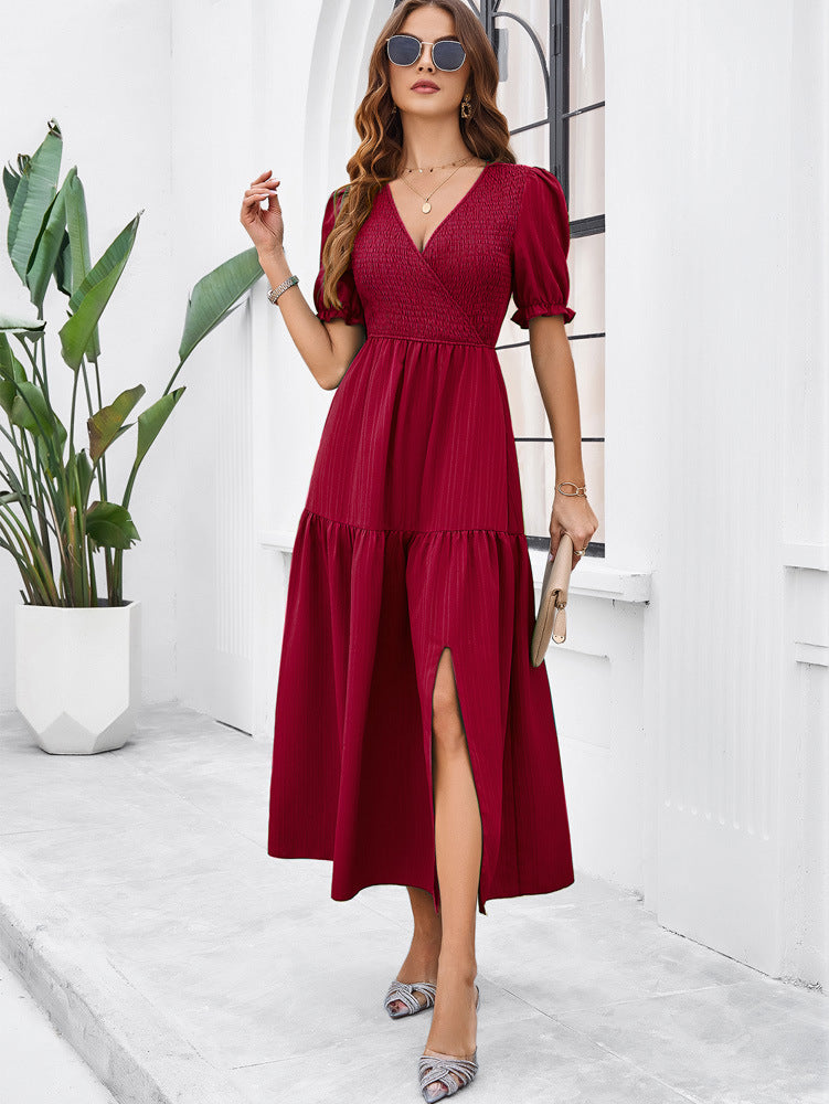 Red V-Neck Short Sleeved Long Dress