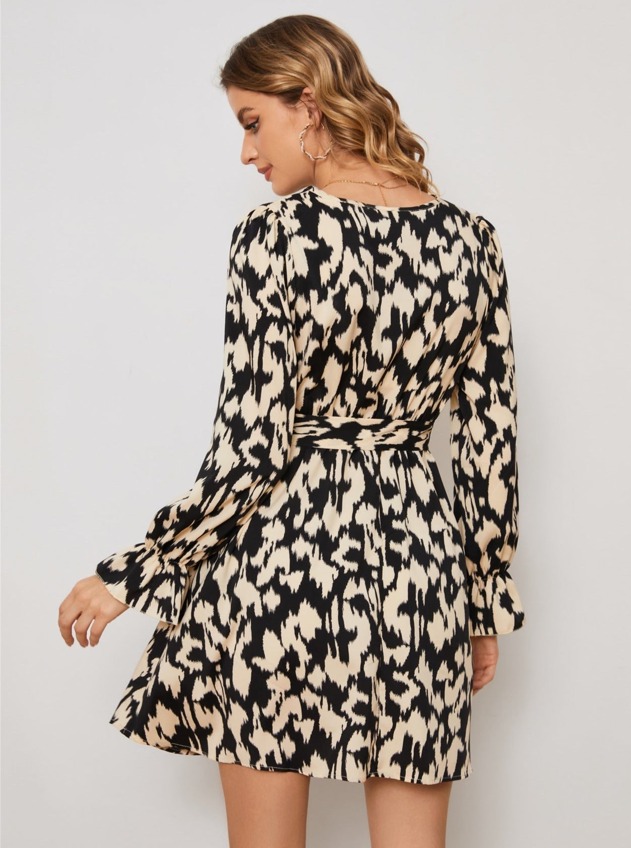 Animal Print V-Neck Long Sleeve Tie Waist Dress