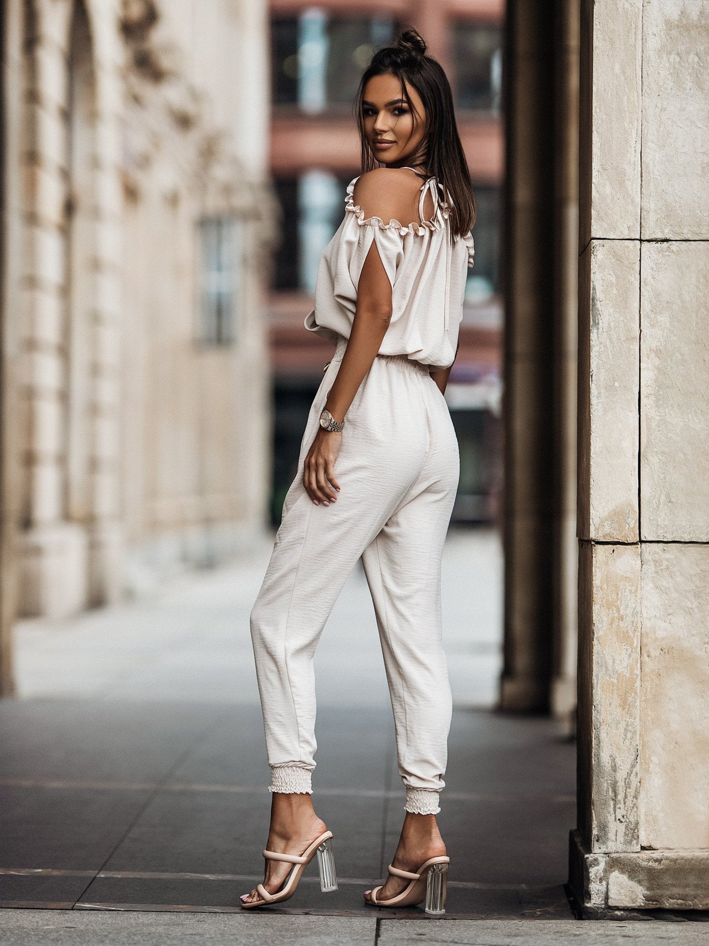 Casual Deep V-Neck Pocket Elastic Waist Jumpsuit