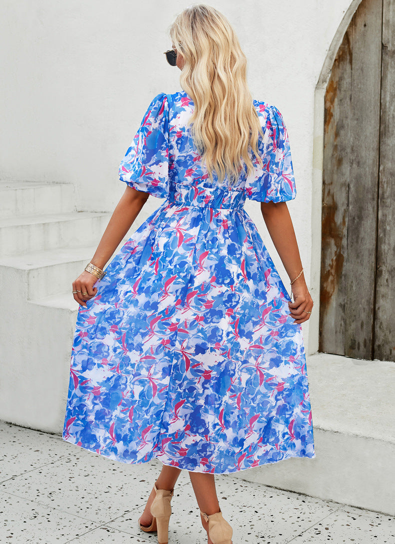 Casual Blue V-Neck Printed High Waist Long Dress