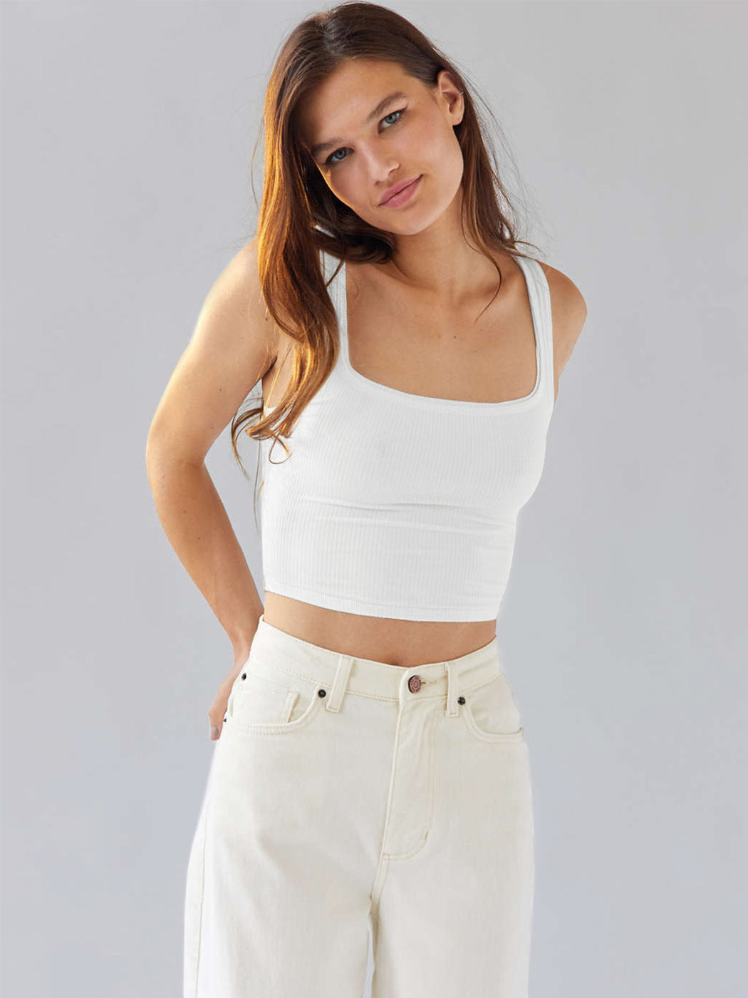 White Square Neck Sleeveless Tank Top