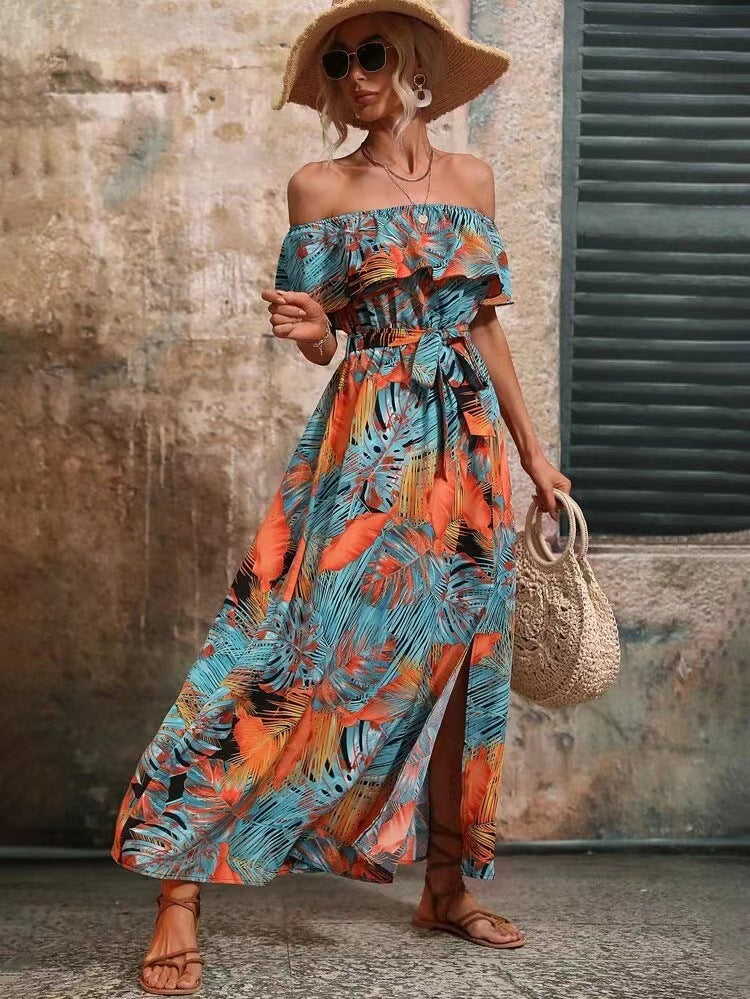 Elegant Off Shoulder Tropical Printed Slit Dress