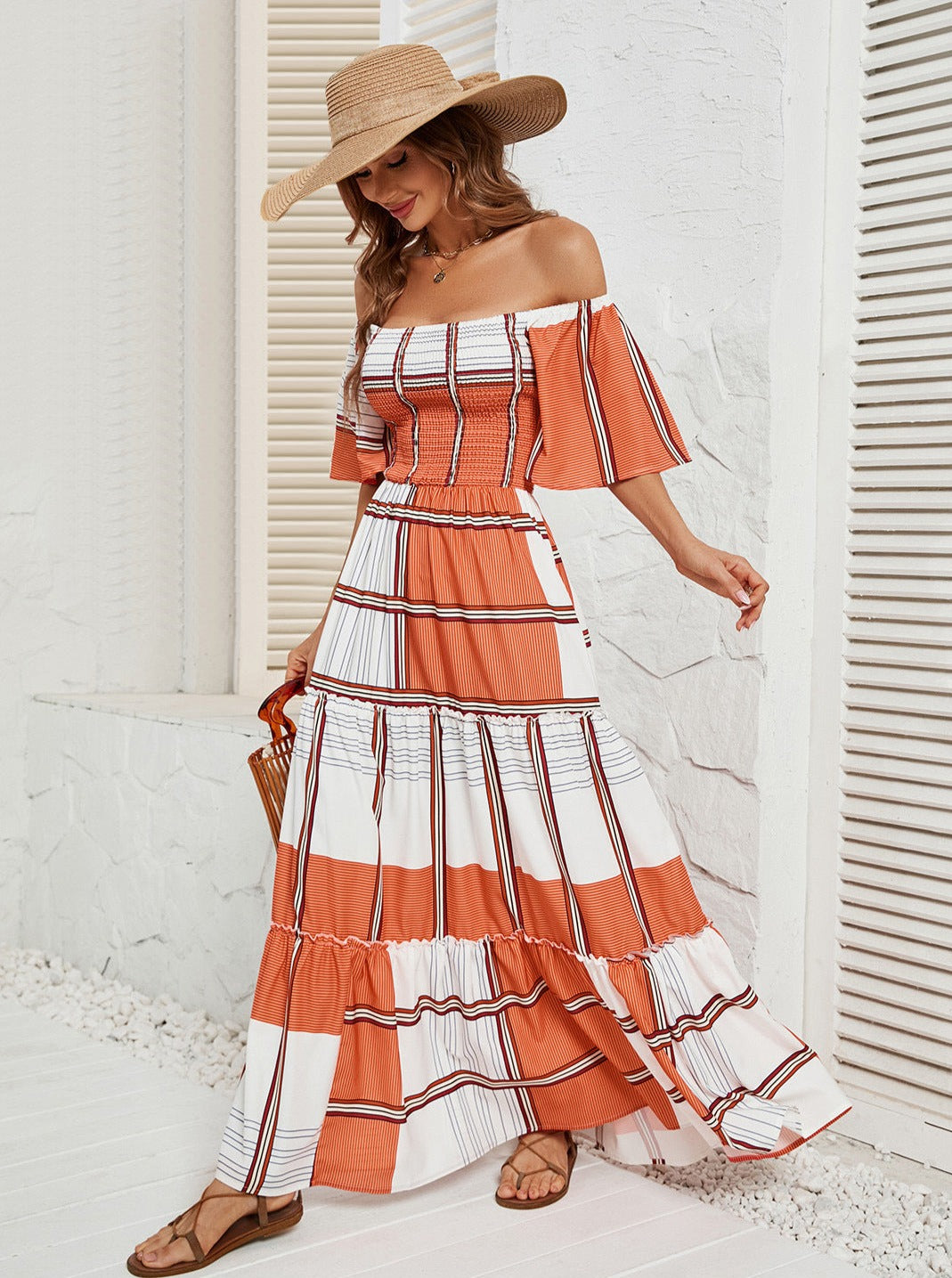 Off Shoulder Short Sleeve Ruffle Dress