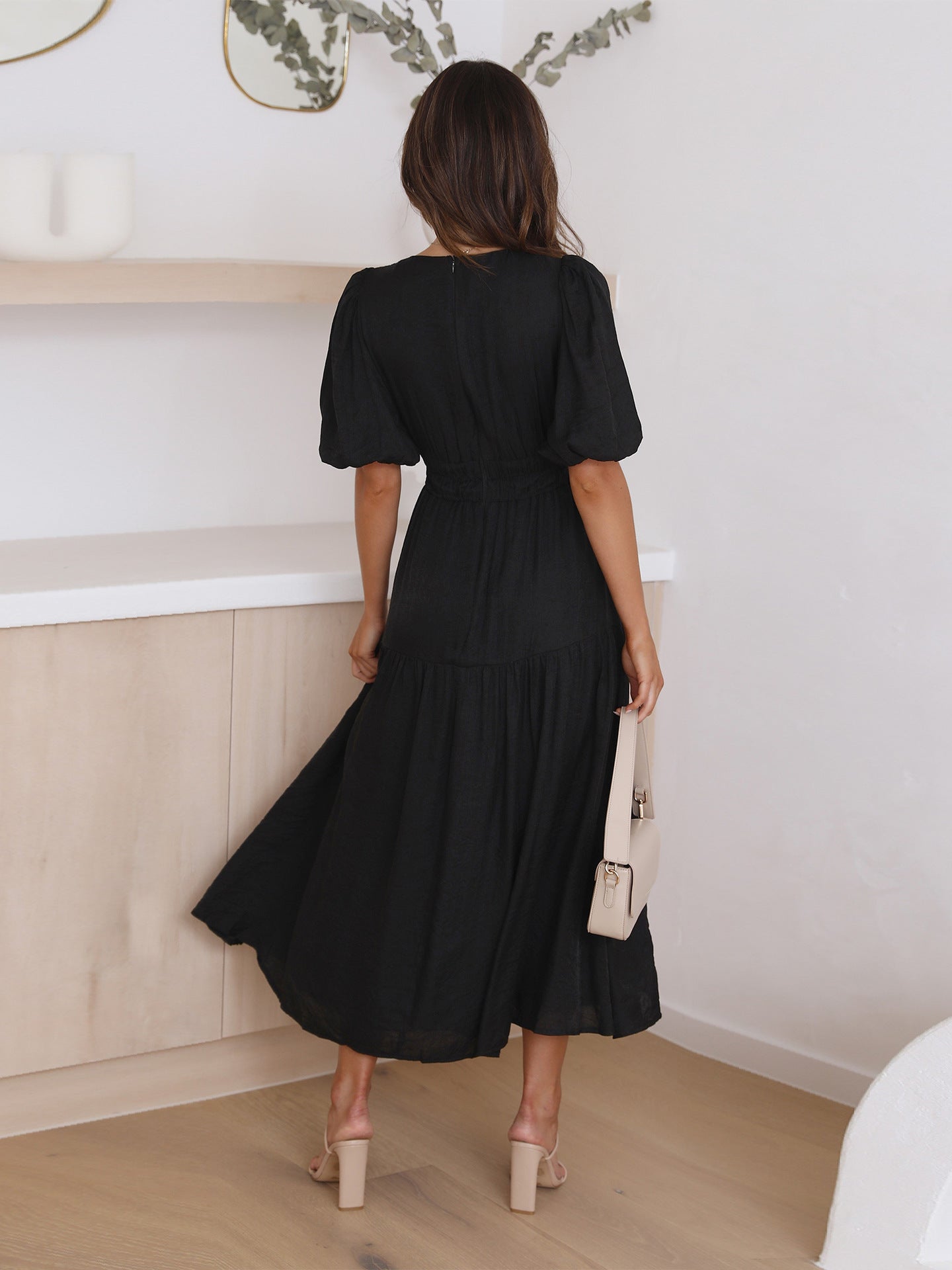 Black Deep V-Neck Puff Sleeve Layered Dress