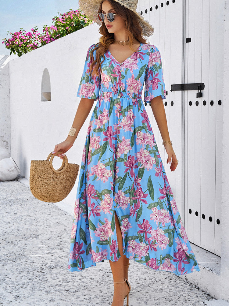 Blue Floral Printed Large Swing Dress