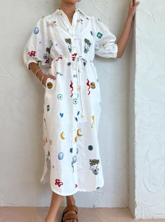 Casual White Loose Graffiti Lantern Sleeve Dress