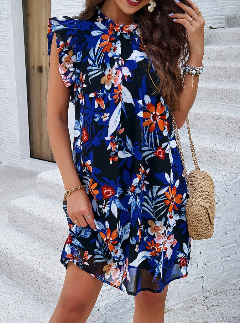 Blue Elegant Floral Printed Sleeveless Dress