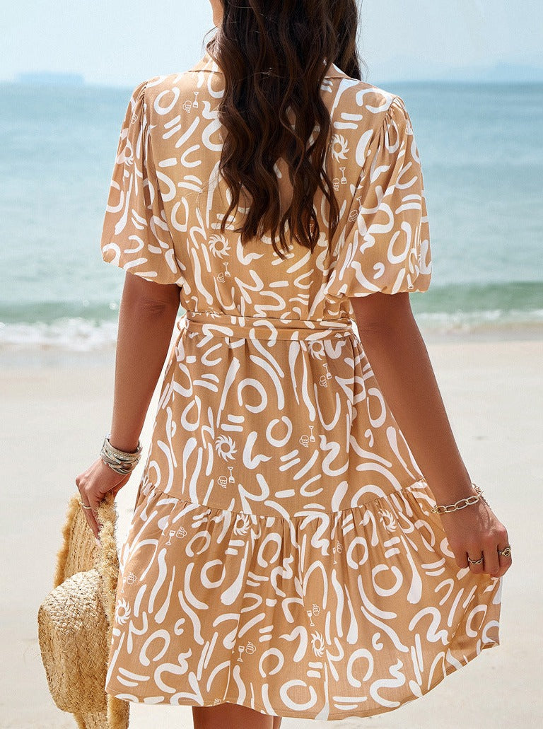 Brown Abstract V-Neck Short Sleeve Mini Dress