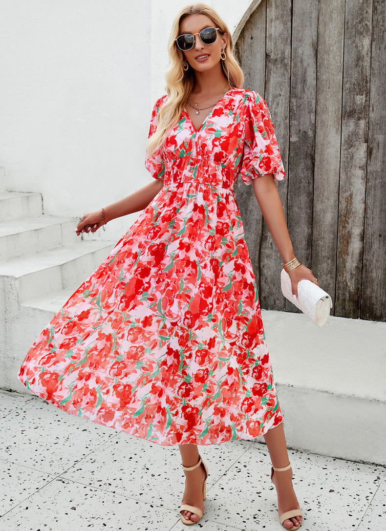 Casual Red V-Neck Printed High Waist Long Dress