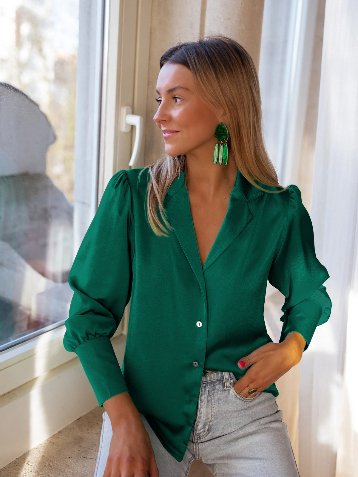 Green Women Loose Button Down Long Sleeve Shirt