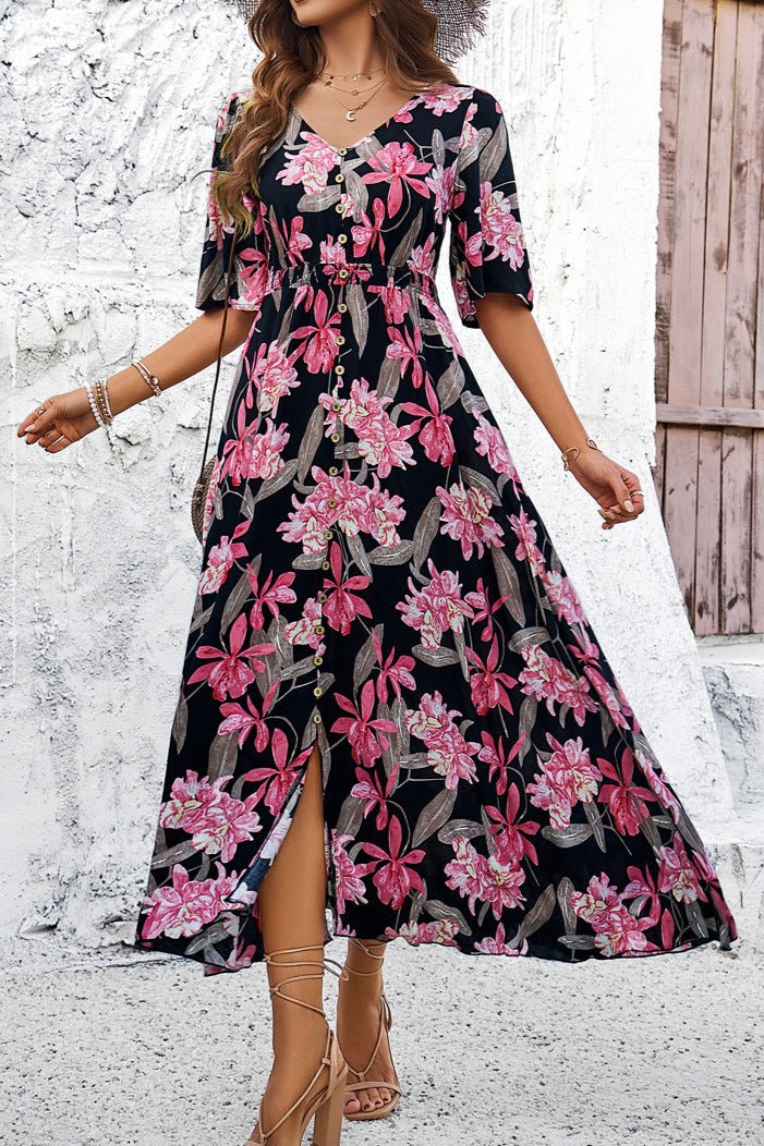 Black Chic Summer Floral V-Neck Side Slit Midi Dress