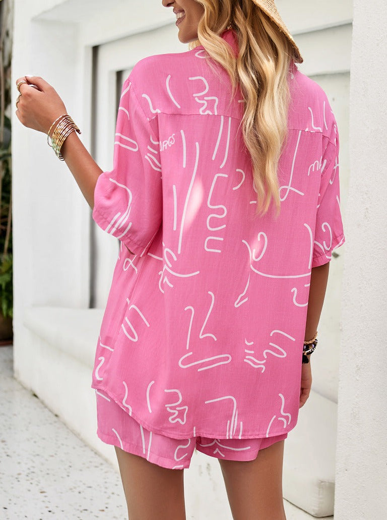 Rose Temperament Commuting Printed Shirt And Short Set