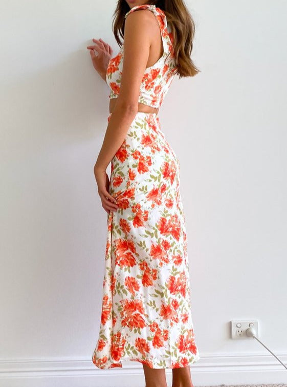 Floral Printed Open Waist Sleeveless Midi Dress