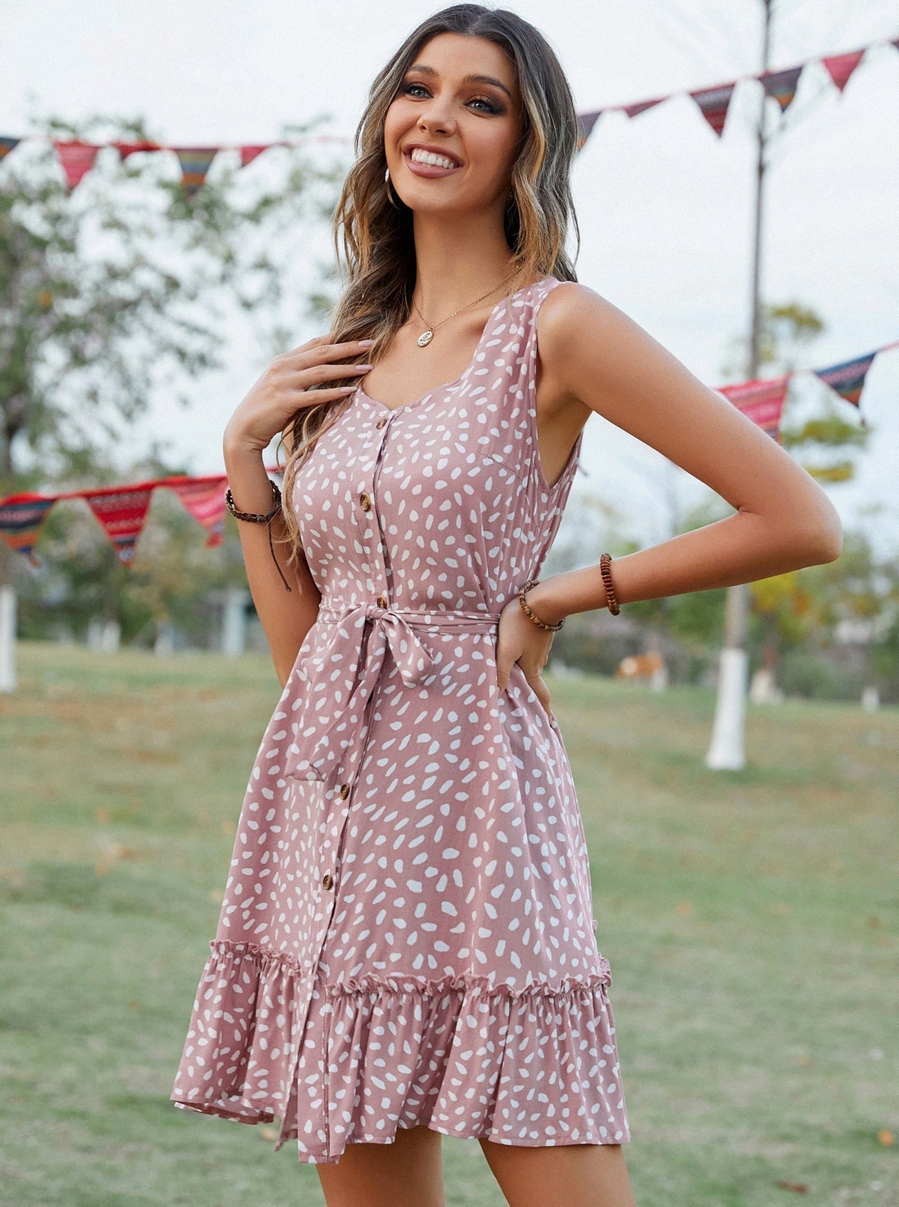 Sleeveless Tie Waist Polka Dots Mini Dress