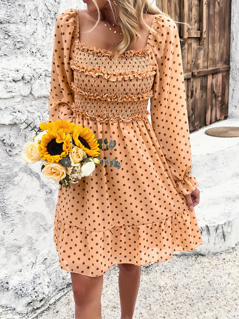 Casual Khaki Off Shoulder Polka Dot Dress