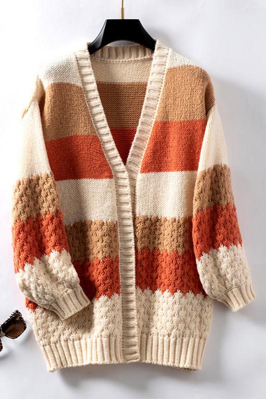 Multi Colored Lantern Sleeve V-Neck Knitted Cardigan