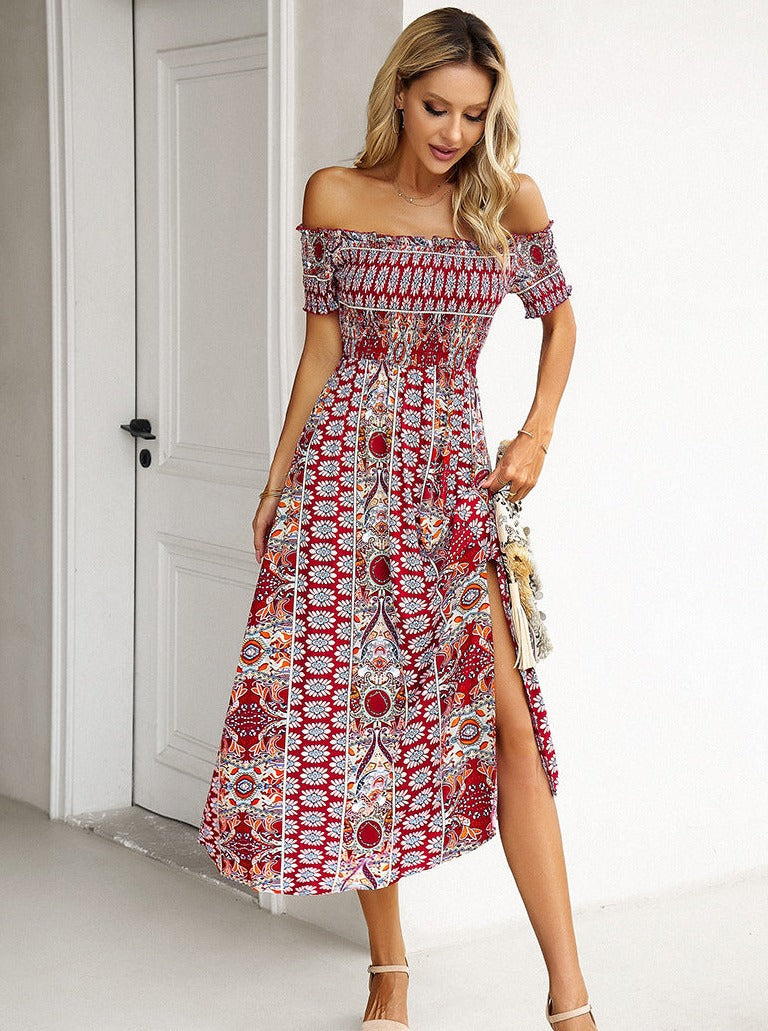 Summer Off Shoulder Bohemian Slit Midi Dress