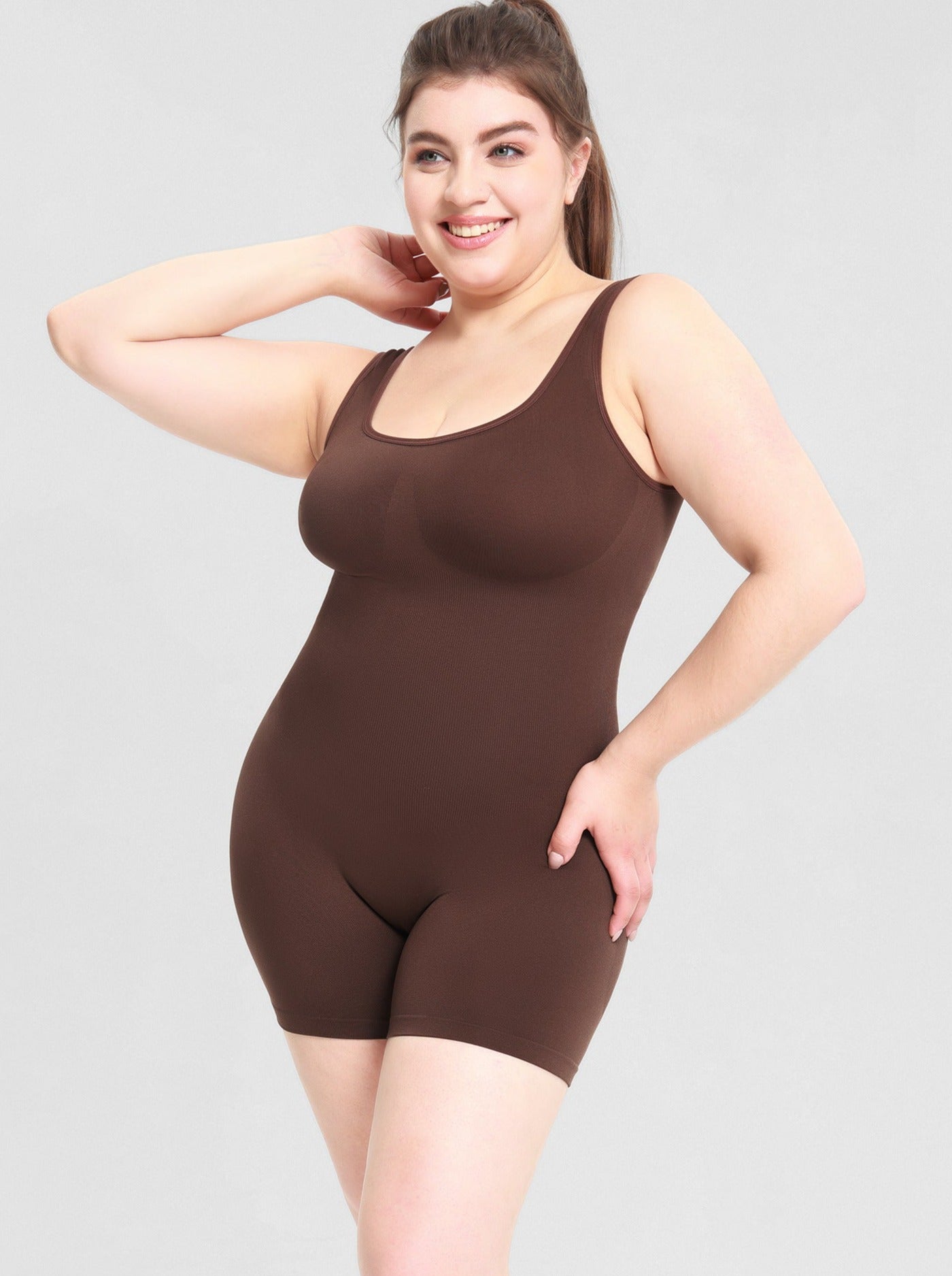 Brown Plus Size Tummy Control Romper Bodysuit