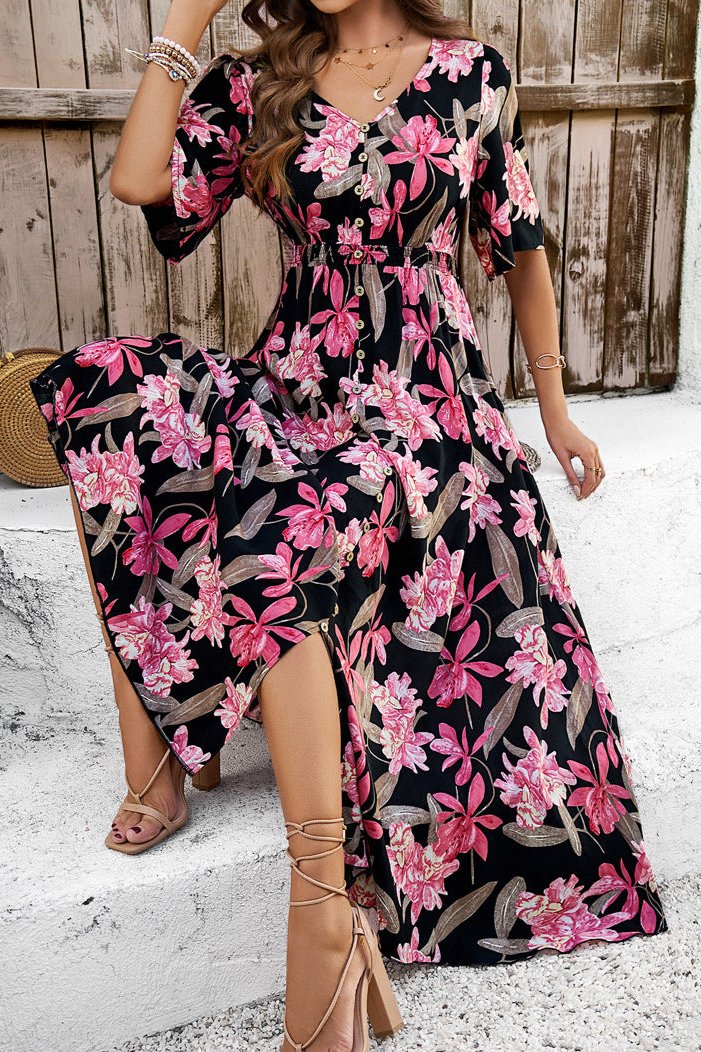 Black Chic Summer Floral V-Neck Side Slit Midi Dress