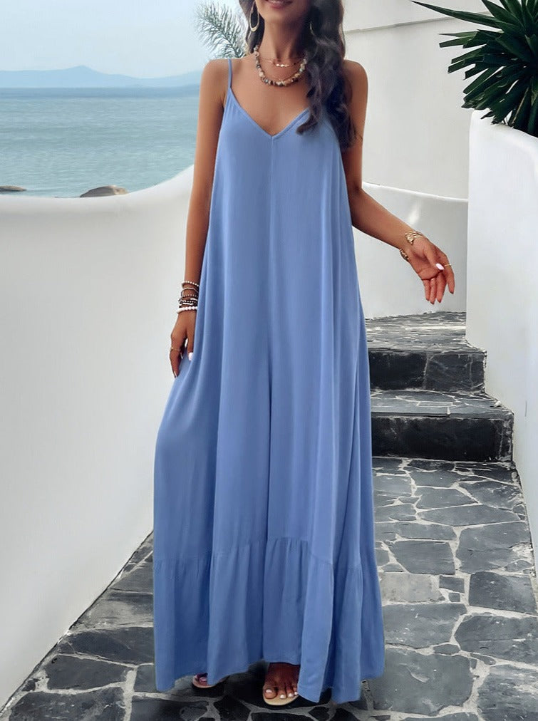 Blue Casual Solid Color Suspender Maxi Dress