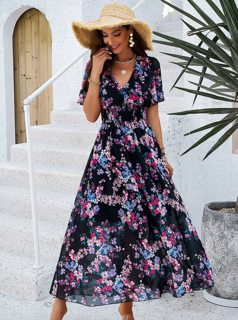 Black Smocked Floral V-Neck Short Sleeve Dress