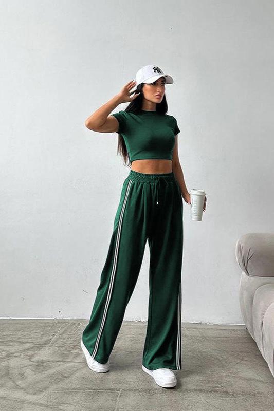 Sporty Short Sleeve Crop Top and Pants Set