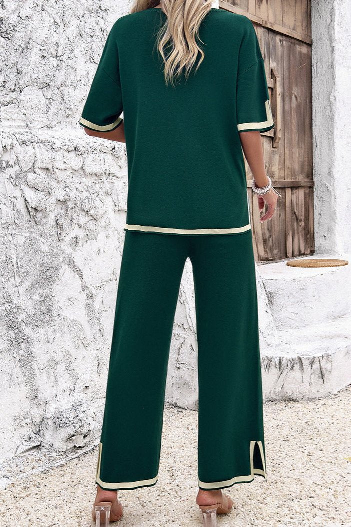 Green Chic Casual Short Sleeve Knitted Top and Pants Set